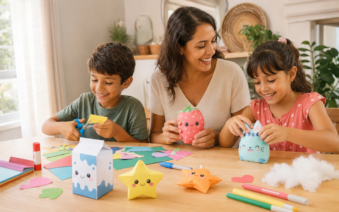 Mãe e duas crianças criando Paper Squishies juntas